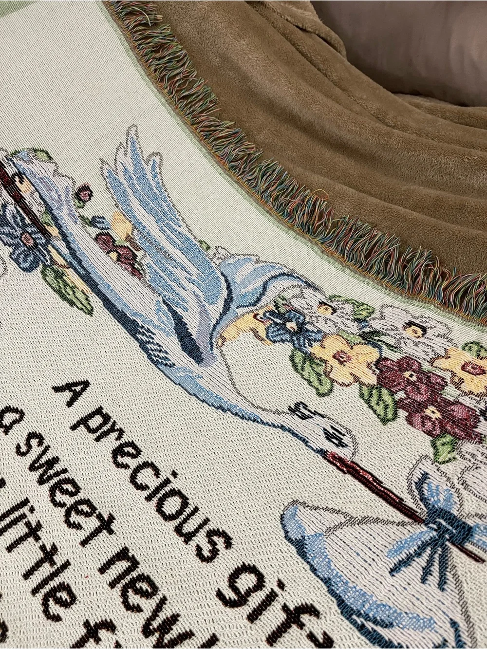 Precious Gift, New Baby W/Footprints 38” X 51” VTG Tapestry Throw
